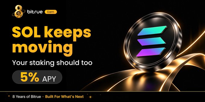 A Bitrue promotional banner featuring the Solana (SOL) logo and the headline "SOL keeps moving — Your staking should too," highlighting a 5% APY staking offer on $SOL, alongside the Bitrue "Earn" badge and the tagline "8 Years of Bitrue · Built For What's Next."