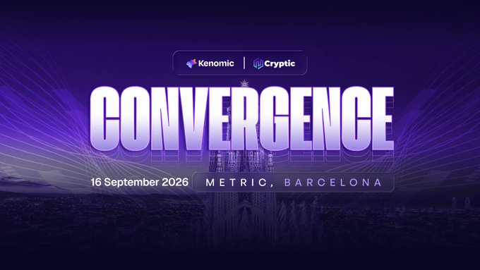 A promotional graphic for the "Convergence" event co-hosted by Kenomic and Cryptic, taking place on 16 September 2026 at METRIC in Barcelona, featuring bold purple typography and a star icon against a stylized cityscape backdrop.