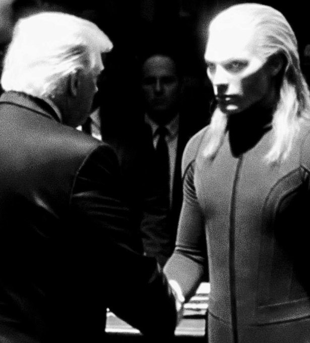 A black-and-white edited image showing Donald Trump face-to-face with a character resembling a White Lantern from the DC universe, blending real-world politics with comic book imagery.