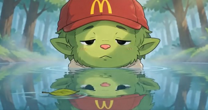An AI-generated illustration shows a small green goblin-like character wearing a red McDonald's cap, with its reflection visible in water below.