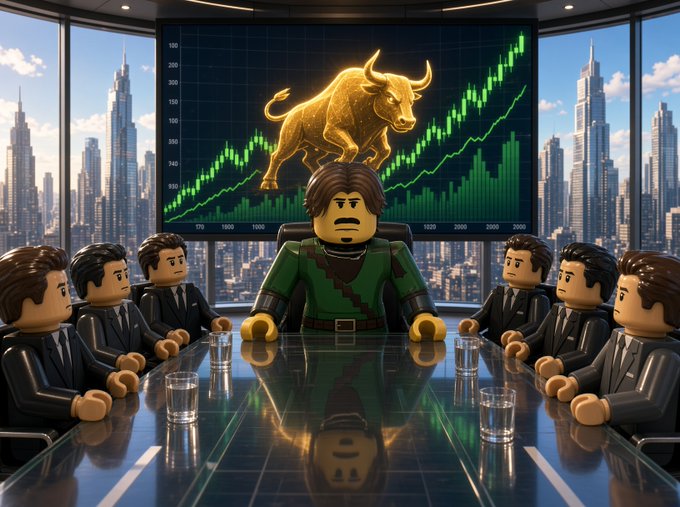 A 3D rendered scene depicts a LEGO-like figure in green sitting at a glass conference table with other suited figures, backed by a screen displaying a golden bull and rising green stock charts.