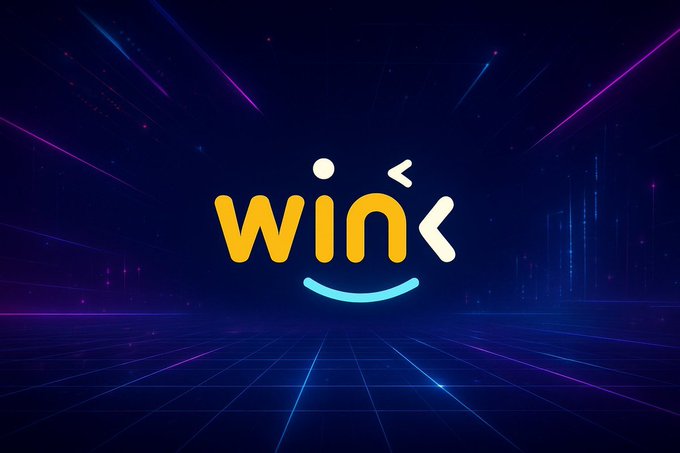 A logo featuring the word 'wink' in yellow and white lowercase letters with a winking face design on a dark blue background with neon pink and purple light streaks.