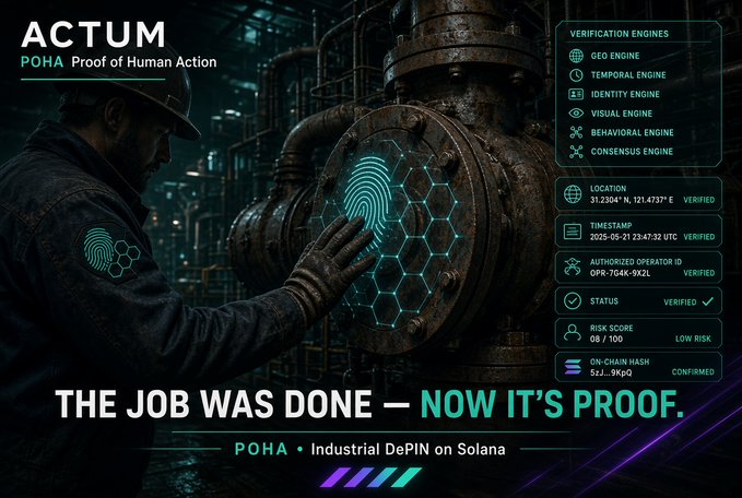 A marketing image for ACTUM titled 'POHA • Proof of Human Action' showing a worker scanning a fingerprint on industrial equipment, with verification details and the tagline 'THE JOB WAS DONE — NOW IT'S PROOF.'