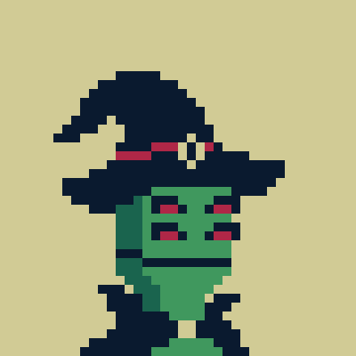 An 8-bit pixel art character with a green body, red eyes, and a large dark witch hat against a yellow background.