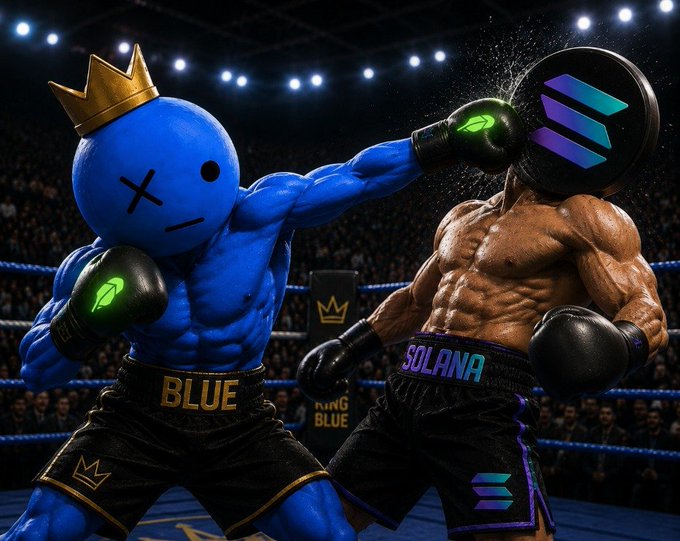 AI-generated boxing match scene showing a blue muscular character with a crown and 'BLUE' shorts fighting against a muscular character with the Solana logo for a head and 'SOLANA' shorts.