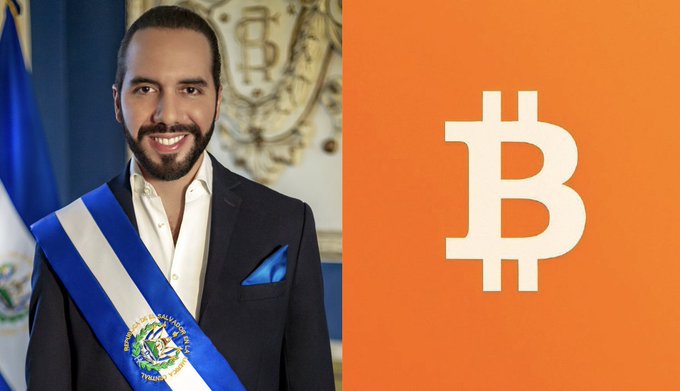 The image shows El Salvador's President Nayib Bukele, wearing the presidential sash and standing beside the national coat of arms, paired with the orange Bitcoin logo. The composition celebrates the 5-year anniversary of El Salvador's historic 400 BTC purchase, making it the first nation to add Bitcoin to its national reserves.