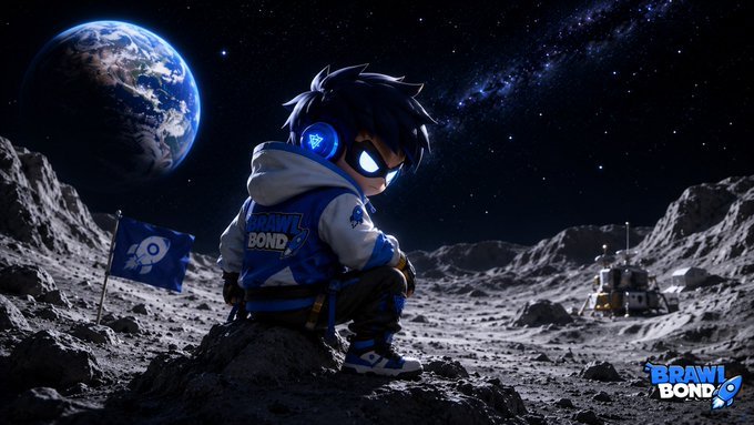 The image features a cartoon character wearing a blue hoodie with "Brawl Bond" written on it, sitting on a rock in front of a planet. The background shows a large planet surrounded by stars, creating an otherworldly atmosphere. The caption for the image reads: "Meet BrawlBond @baseapp #buildonbase".