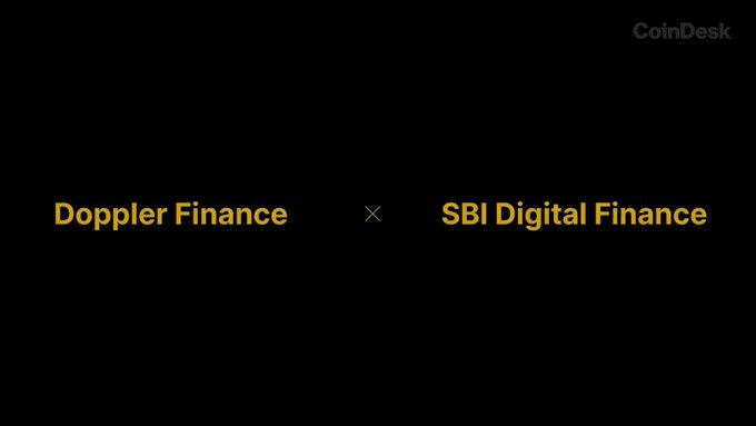 The image displays the Doppler Finance and SBI Digital Finance logos separated by an "×" symbol on a black background, with "CoinDesk" in the upper right corner, visually announcing their partnership to develop institutional lending and collateral infrastructure for XRP in Japan.