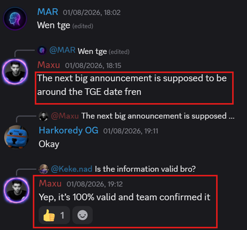 A screenshot of a Discord chat dated 01/08/2026 where user 'Maxu' states 'The next big announcement is supposed to be around the TGE date fren' and later confirms 'Yep, it's 100% valid and team confirmed it' (with highlighted messages in red boxes).