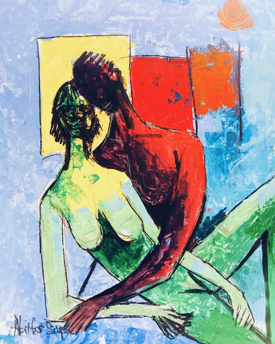 An abstract expressionist painting featuring two figures, one rendered in green and the other in red, set against a background of blue, yellow, and orange geometric shapes.