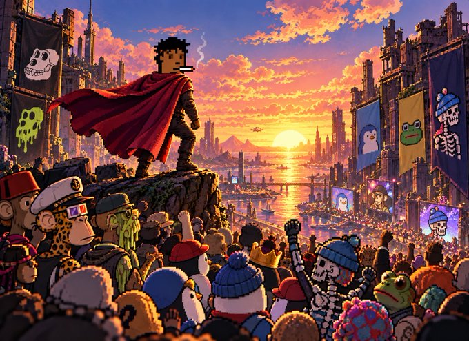 A lone hero in a red cape stands atop a cliff overlooking a vast sunset cityscape, surrounded by a diverse crowd of pixelated characters and Bored Ape-style banners, symbolizing @0xQuit as the savior of the NFT space who rallied the community during its darkest hour.