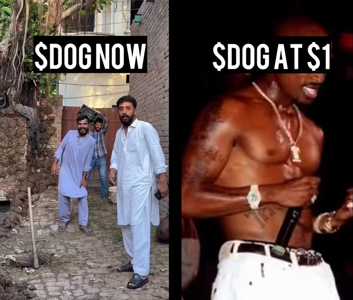 The image shows two side-by-side descriptions of a shirtless man with tattoos, one saying "Sdog Now", and another stating that the same man is worth $1. The images both feature a close-up view of the man's upper body, including his arm and neck. There are several other people in the background of the image, but they are blurred and not directly related to the main content being displayed on the post.