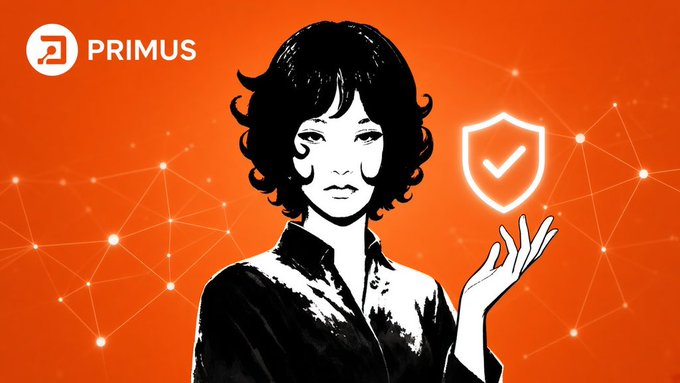 An orange promotional image with a black-and-white illustrated woman holding a security shield icon, featuring the PRIMUS logo in the top left corner.