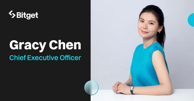 A promotional image showing Gracy Chen, Chief Executive Officer of Bitget, wearing a blue sleeveless top next to the Bitget logo.