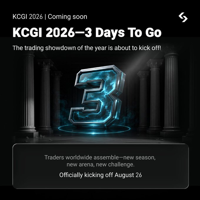 A promotional graphic for 'KCGI 2026—3 Days To Go' featuring a large glowing number '3', with text stating 'The trading showdown of the year is about to kick off!' and 'Officially kicking off August 26'.