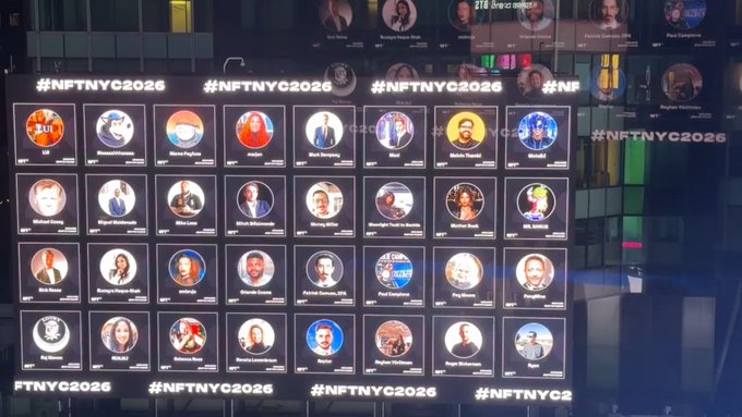 A wall displaying circular portraits of various speakers with the hashtag '#NFTNYC2026' repeated across the top and bottom.