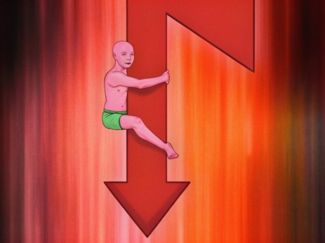 A surreal image of a hairless figure in green shorts clinging to a large red downward-pointing arrow against a red background.