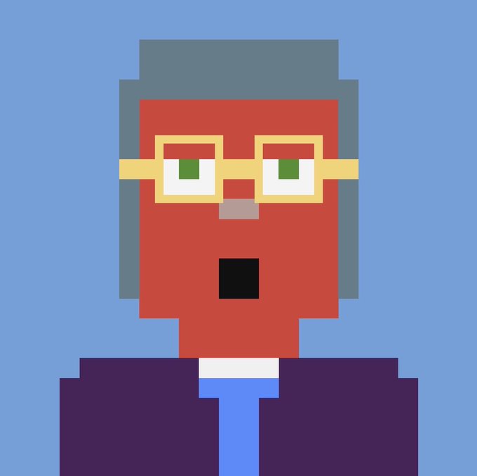 A pixel art portrait of a character with gray hair, glasses, and a small goatee, wearing a dark suit and blue tie against a light blue background.