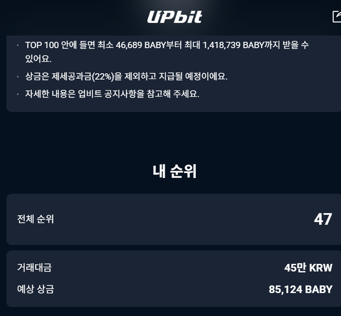 A screenshot of an UPbit cryptocurrency page in Korean showing a total net worth of 47, a trading fee of 45 million KRW, and an estimated value of 85,124 BABY.