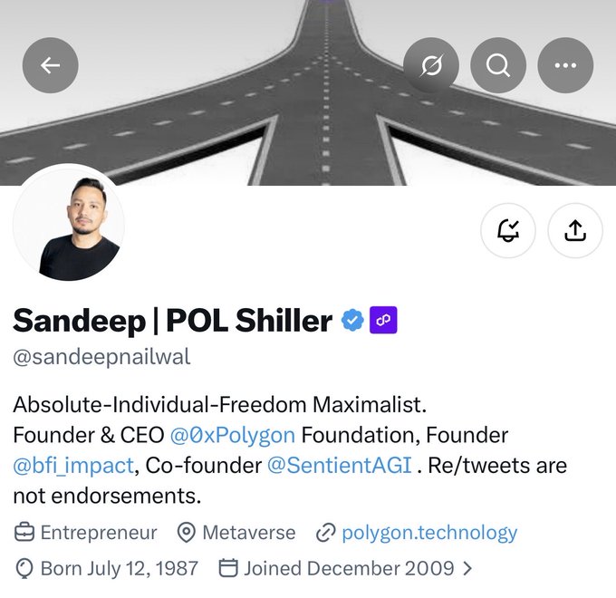 Twitter/X profile for Sandeep Nailwal (@sandeepnailwal), founder and CEO of 0xPolygon Foundation, showing a road intersection as the header image.
