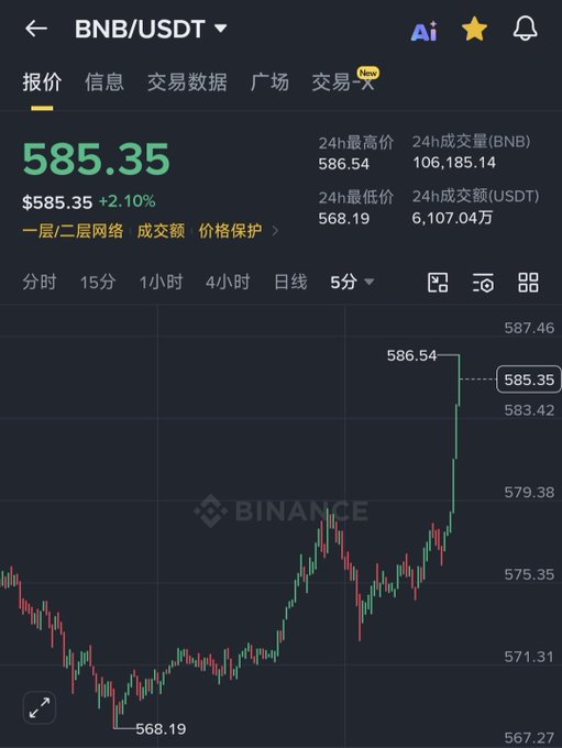 A Binance trading app chart for BNB/USDT showing a current price of 585.35 USDT, up 2.10%, with a 5-day candlestick chart and 24h high of 586.54.