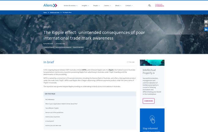 The image shows an Allens Insight article titled "The Ripple effect: unintended consequences of poor international trade mark awareness," discussing how NPP Australia Limited's Ripple trademark led to restrictions on Ripple Labs' use of the name for their PayID product in Australia. The article visually reinforces the post's point about Ripple's 2020 trademark dispute with NPP Australia over PayID, highlighting that building cross-border payment infrastructure requires navigating legal IP challenges alongside technical ones.