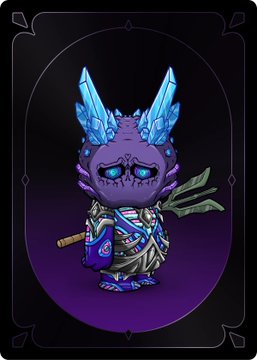 A stylized purple chibi-style fantasy character with glowing blue crystalline horns, blue eyes, and ornate dark armor, set against a dark oval frame background.