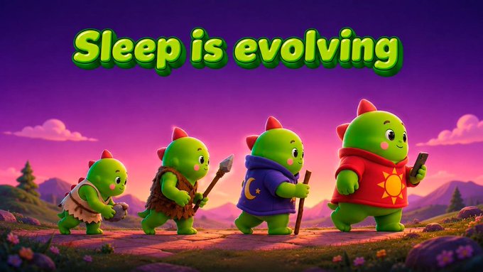 A digital illustration titled 'Sleep is evolving' shows four green characters in an evolutionary progression from caveman to modern hoodie-wearing figures holding smartphones.