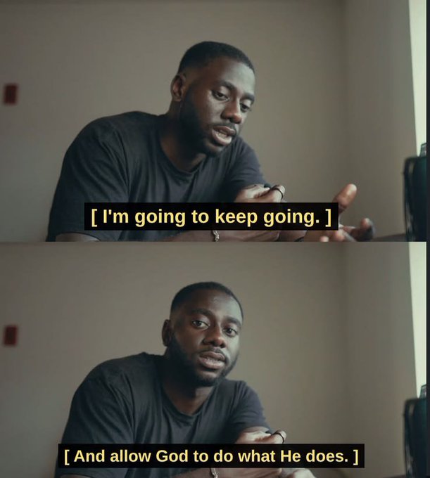 A two-panel video still shows a man speaking, with subtitles reading '[I'm going to keep going.]' and '[And allow God to do what He does.]'