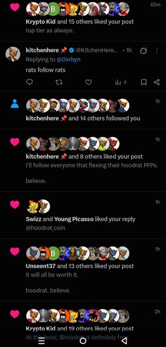 A social media feed shows notifications of likes and followers from users like 'kitchenhere', 'Krypto Kid', and 'Swizz' on posts about 'hoodrat' and 'rats follow rats'.