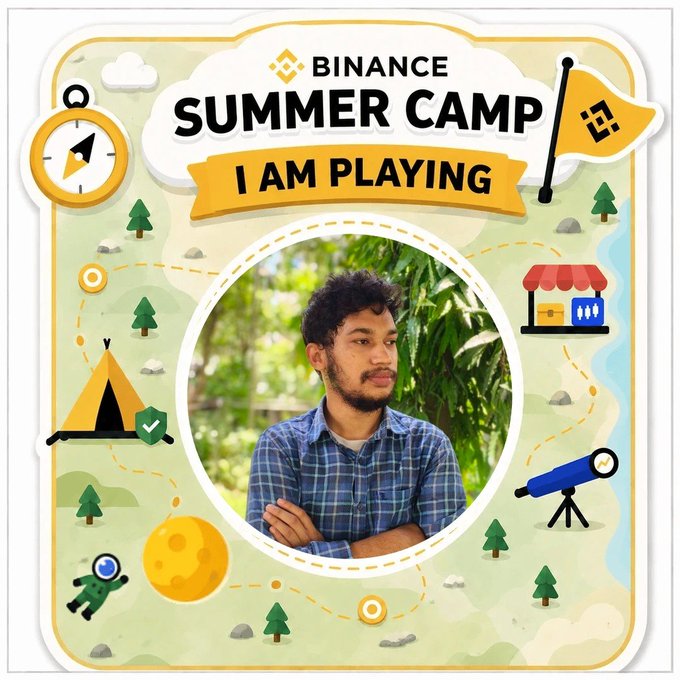 A promotional graphic for 'BINANCE SUMMER CAMP - I AM PLAYING' features a photo of a young man in a blue plaid shirt, surrounded by cartoon camping elements including a tent, trees, a compass, and a telescope.