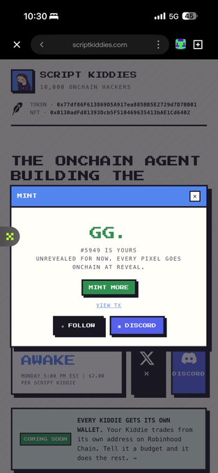 A screenshot from scriptkiddies.com shows a popup over "THE ONCHAIN AGENT" page revealing a green pixelated "GG." graphic with text stating "#5949 IS YOURS" and "UNREVEALED FOR NOW. EVERY PIXEL GOES ONCHAIN AT REVEAL," along with a token address starting with "0x77df66f613..."—reflecting the renewed interest in NFTs mentioned in the post.
