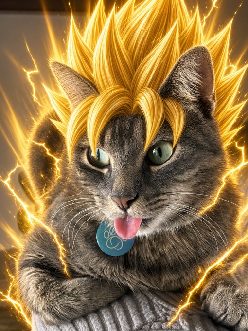 A digitally edited image of a tabby cat with a spiky yellow Super Saiyan-style anime hair, sticking out its tongue and surrounded by electric yellow lightning effects.