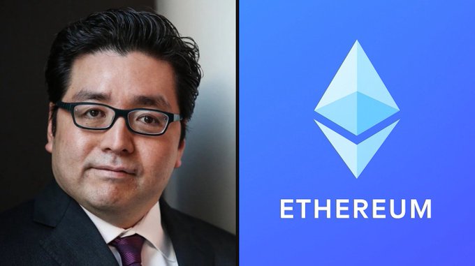 A split image showing a man in a suit on the left and the Ethereum logo with the text 'ETHEREUM' on a blue background on the right.