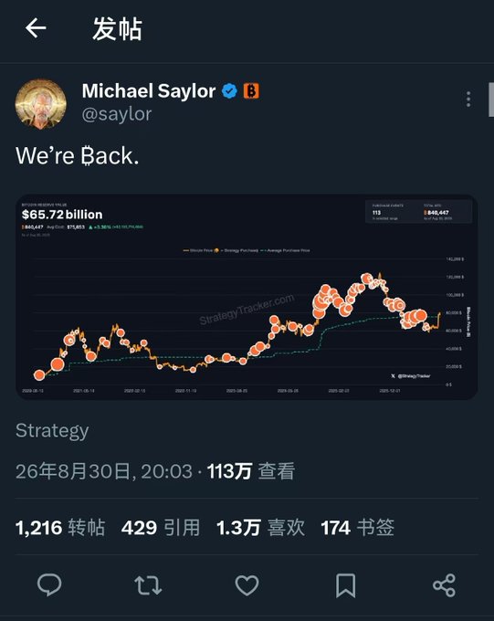 A screenshot of a tweet from Michael Saylor (@saylor) titled "We're Back" displays a StrategyTracker.com chart showing Bitcoin price climbing from ~$15,000 in 2020 to a record $65.72 billion portfolio value with 640,647 BTC held. The post's claim about MicroStrategy buying coins again aligns with Saylor's "We're Back" announcement, which appears to confirm renewed Bitcoin purchases, fueling suspicions of strategic market manipulation.