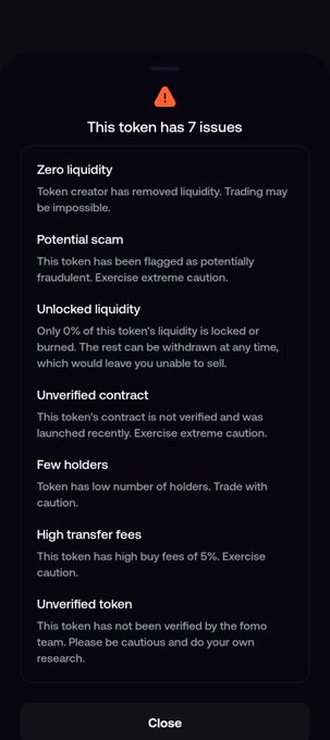 A mobile app warning screen displays "This token has 7 issues," listing concerns including zero liquidity, potential scam flags, unlocked liquidity (only 0% locked), an unverified contract, few holders, high transfer fees of 5%, and an unverified token status. The image humorously captures a user's likely first on-chain trading experience, where the app flagged nearly every possible risk category for the token they selected.