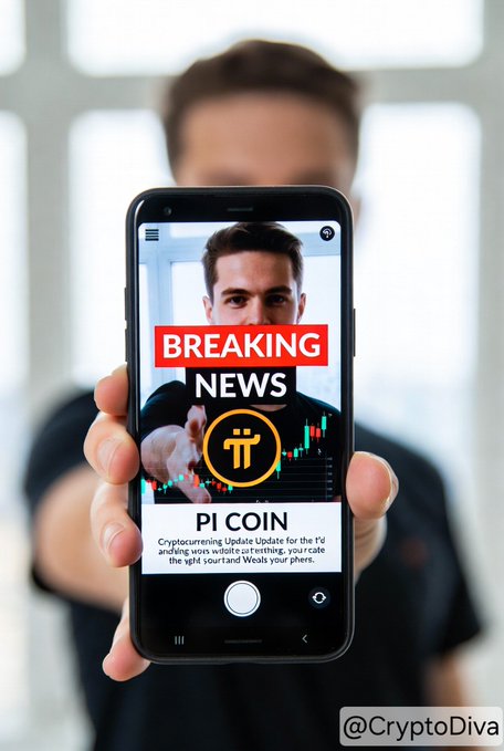 A person holding a smartphone displaying a "BREAKING NEWS" notification about "PI COIN" with a crypto chart, watermarked "@CryptoDiva" in the corner.