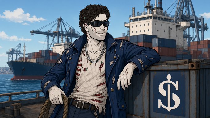 An illustrated character with sunglasses, a blue jacket, and torn shirt standing at a port next to shipping containers and a large cargo ship, with a dollar sign logo.