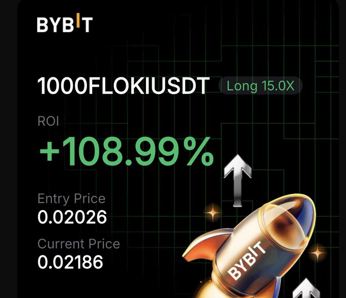 A Bybit trading position screenshot showing a long 15.0X leveraged trade on FLOKI/USDT with an ROI of +108.99%, featuring entry price of 0.02026 and current price of 0.02186 alongside a rocket graphic, celebrating gains on the meme coin.