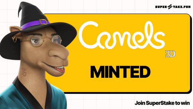 A promotional banner featuring a 3D-rendered camel character wearing a witch hat and glasses, with text reading 'Camels 3D MINTED' and 'SUPER STAKE.FUN - Join SuperStake to win'.