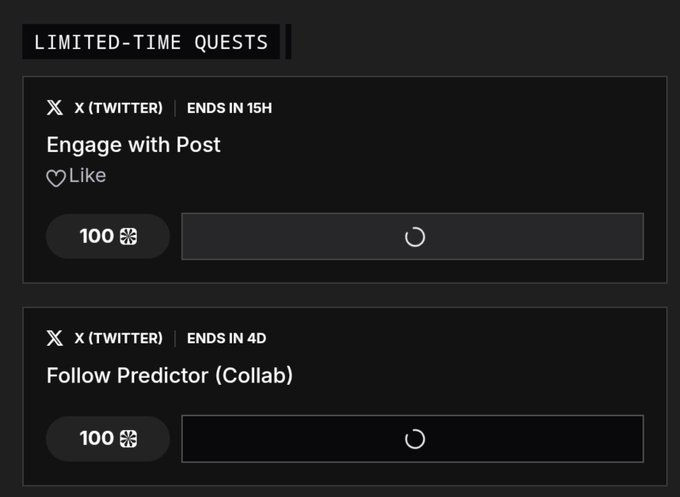 A dark-themed limited-time quests panel showing X (Twitter) tasks including 'Engage with Post' (Like) ending in 15H and 'Follow Predictor (Collab)' ending in 4D, each rewarding 100 points.