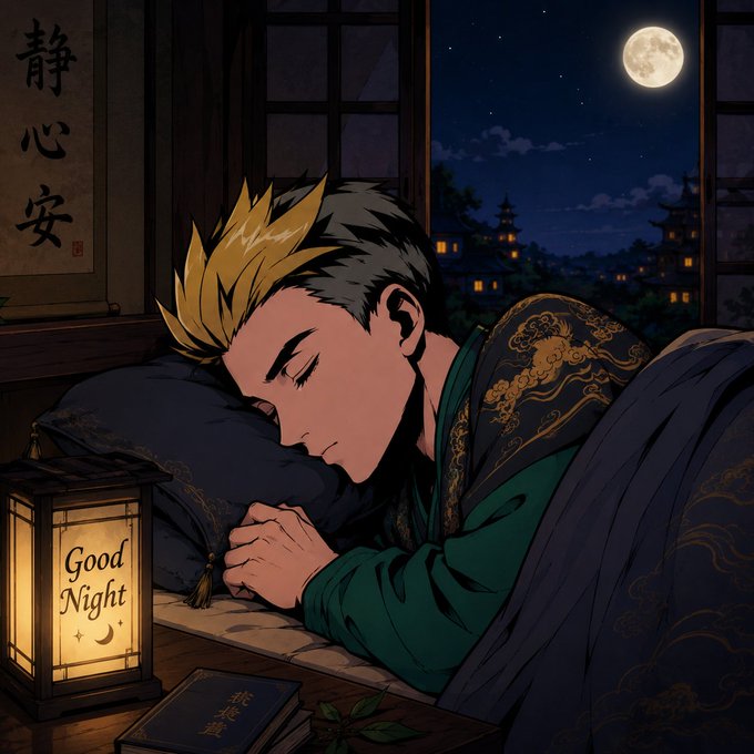 An anime-style illustration of a young man with two-toned blonde and black hair sleeping peacefully at a desk, with a glowing 'Good Night' lantern, Chinese calligraphy reading 静心安 (quiet heart), and a moonlit cityscape visible through the window.