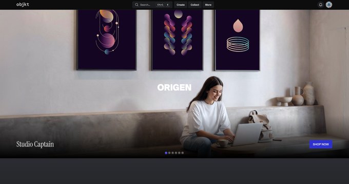 A website homepage for 'objkt' featuring a photo of a woman using a laptop with abstract artwork on the wall and the text 'Studio Captain' and 'ORIGEN' visible.