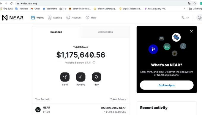 A screenshot of a NEAR wallet interface at wallet.near.org showing a Total Balance of $1,175,640.56 with an Available Balance of $4.41, displaying Send/Receive/Buy options and 103,216.9062 NEAR tokens.