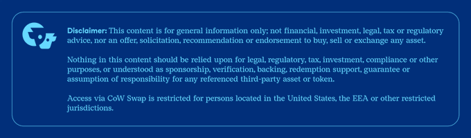 A blue disclaimer banner stating that content is for general information only and not financial advice, noting that access to CoW Swap is restricted for persons located in the United States, the EEA or other restricted jurisdictions.