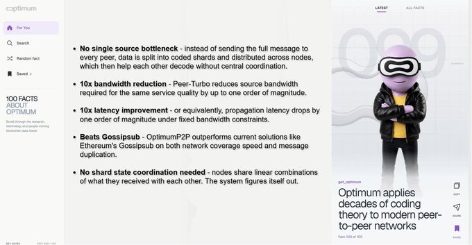 A screenshot from the Optimum website displaying a blog post titled 'Optimum applies decades of coding theory to modern peer-to-peer networks,' listing facts about bandwidth reduction, latency improvement, and featuring a purple character wearing a VR headset.