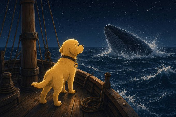 A digital painting of a golden retriever puppy standing on the wooden deck of a ship at night, gazing at a massive whale breaching from the ocean under a starry sky.