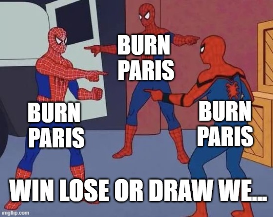 The image is a "Three Spider-Men pointing at each other" meme, with each Spider-Man labeled "BURN PARIS" and the caption "WIN LOSE OR DRAW WE..." underneath. It appears to be referencing a prediction market about Paris (likely Paris Saint-Germain or a related event) where all outcomes converge on the same "burn" result, playing on the meme's format where all parties agree on a single outcome regardless of what happens.