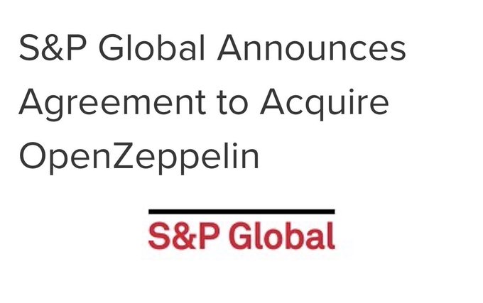 The image shows a headline reading "S&P Global Announces Agreement to Acquire OpenZeppelin" with the S&P Global logo beneath it, visually reinforcing the post's announcement of S&P Global's acquisition of the blockchain security firm OpenZeppelin and its implications for tokenized markets.