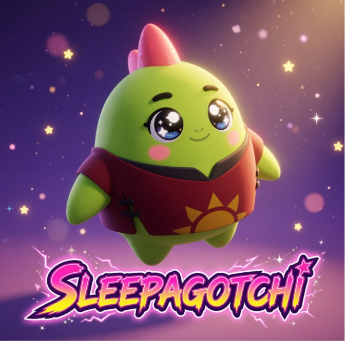 The image features a green character with a pink hat and a red shirt that has "Sleepagotchi" written on it. The character appears to be flying through space, giving the impression of an animated or cartoon-like quality. The background is filled with stars, creating a starry night atmosphere. The text in the image reads: "Good Evening legends Taken as a whole, @sleepagotchi is moving toward a hybrid architecture that combines gamified behavioral economics, wellness tracking, and reputation based incentive distribution". This suggests that the character might be on an adventure or journey through space while also learning about the importance of sleep and its impact on one's well-being.

The image does not contain any other objects or actions besides the green character with a red shirt and pink hat flying in space, surrounded by stars. The focus is primarily on the character and their surroundings, making it an interesting and visually appealing scene.
